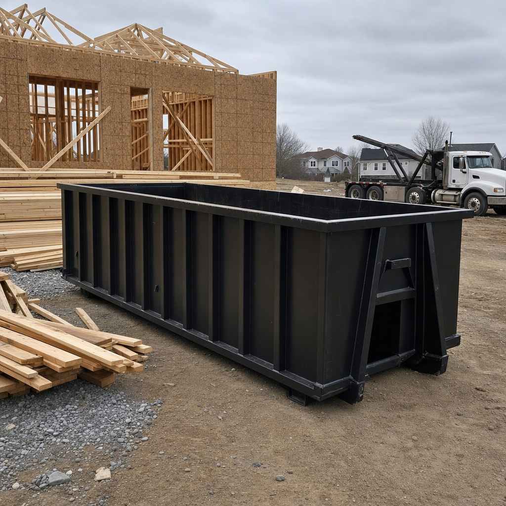Matte-black 40-yard roll-off dumpster staged on a framed-out residential construction site in Vista, framing lumber stacked nearby, hooklift delivery truck visible in the background under bright Colorado daylight