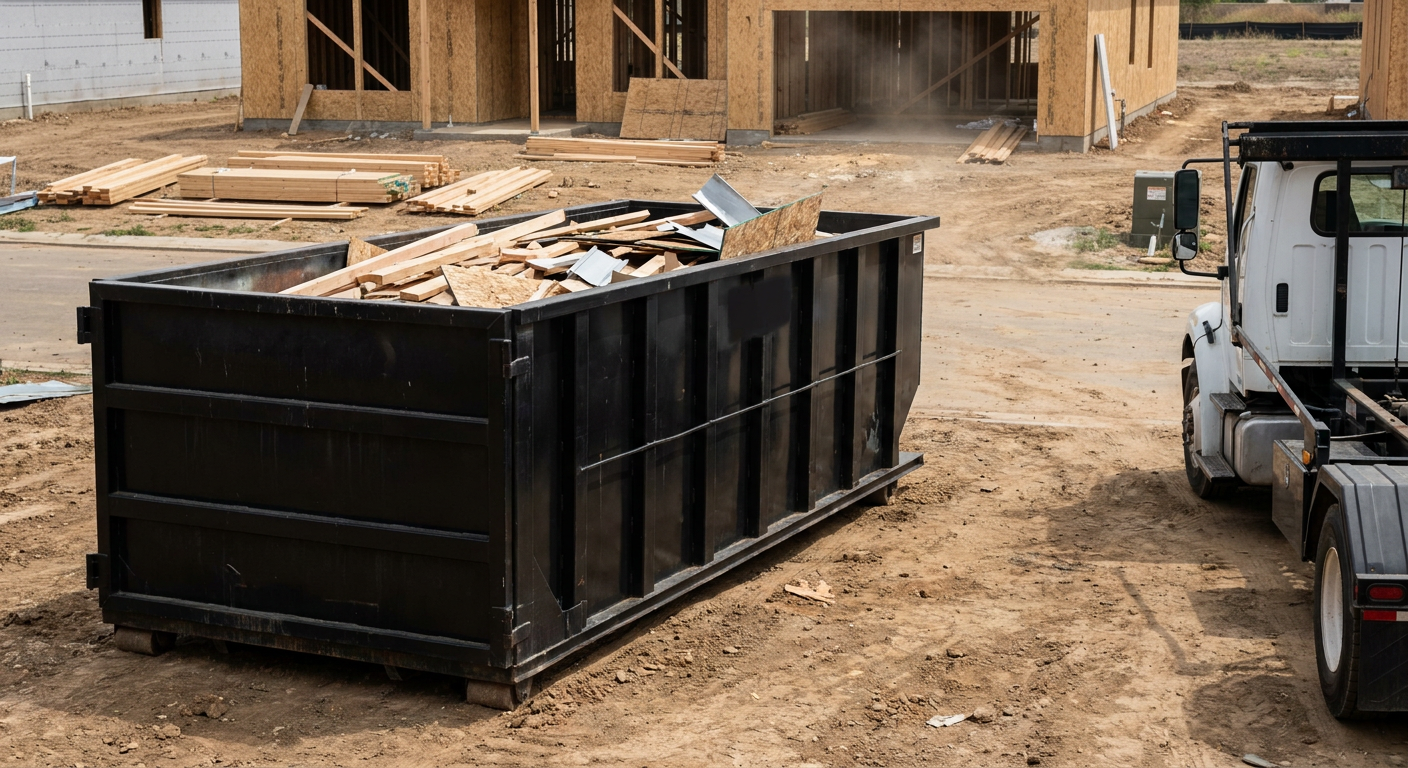 Matte-black 20-yard roll-off construction dumpster with heavy ribbed steel sidewalls and swing rear doors at a working jobsite in Vista, sitting directly on compacted dirt with an unmarked white hauler partially visible at the far edge of the frame.