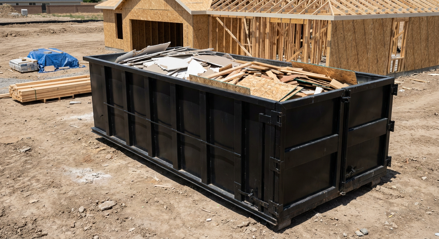 Matte-black 30-yard roll-off construction dumpster sitting directly on the compacted-dirt site of a framed single-family home build in Vista, drywall and lumber scrap loaded inside.