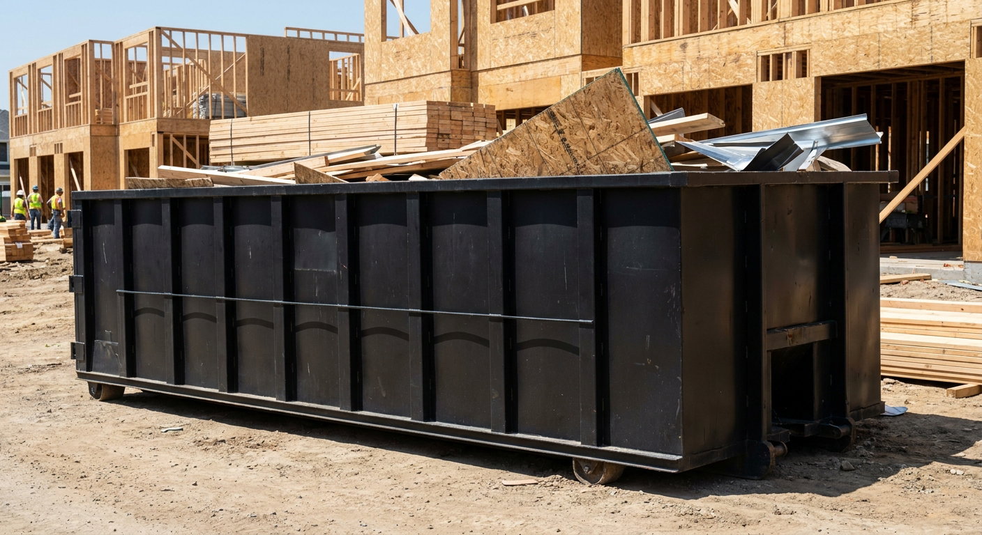 Matte-black 40-yard roll-off construction dumpster being lowered from a white-cab hooklift delivery truck onto the compacted-dirt jobsite at a commercial build site in Vista