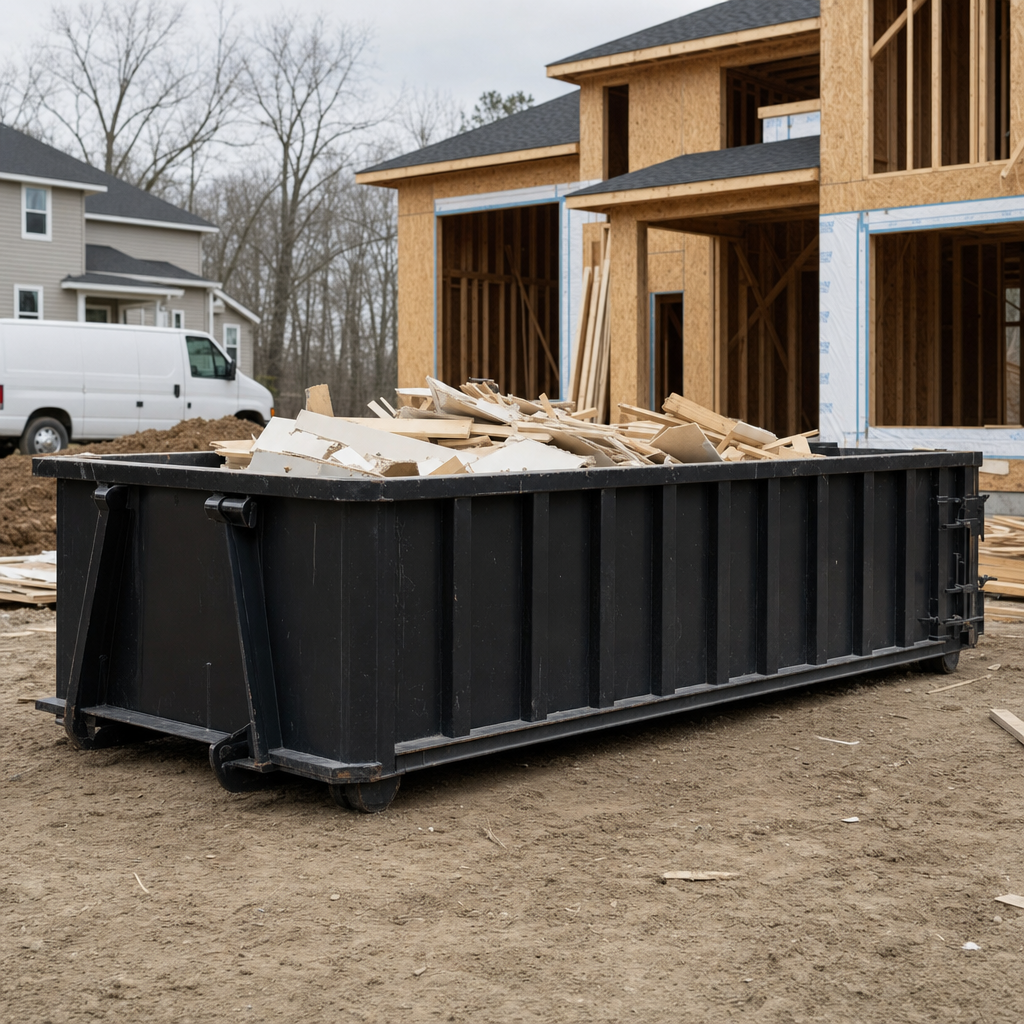 Worker in a yellow high-visibility vest tossing framing lumber and broken drywall into a matte-black 30-yard construction roll-off dumpster on an active build site in Vista, bright daylight