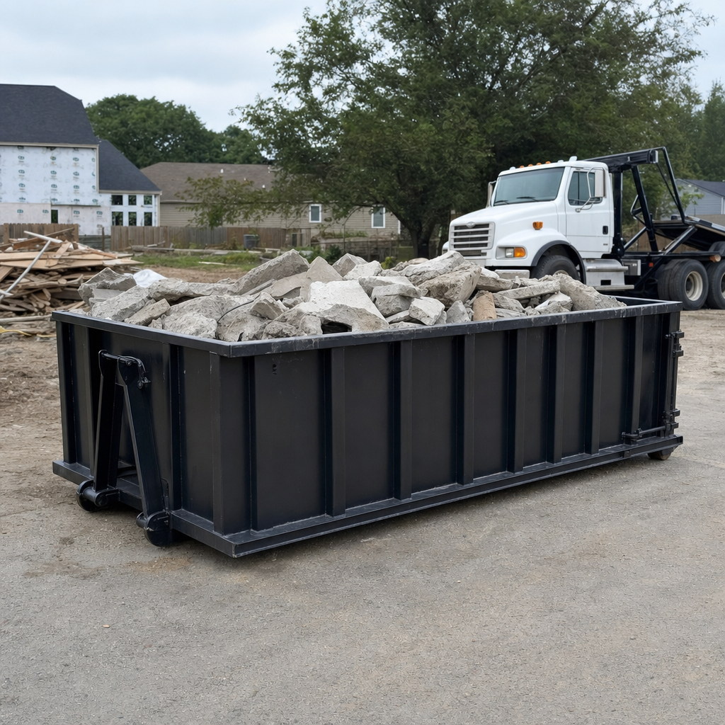 Low-profile matte-black lowboy roll-off dumpster loaded with broken concrete slab and rebar at a foundation tear-out in Vista, skid steer parked beside it, sunny Colorado morning