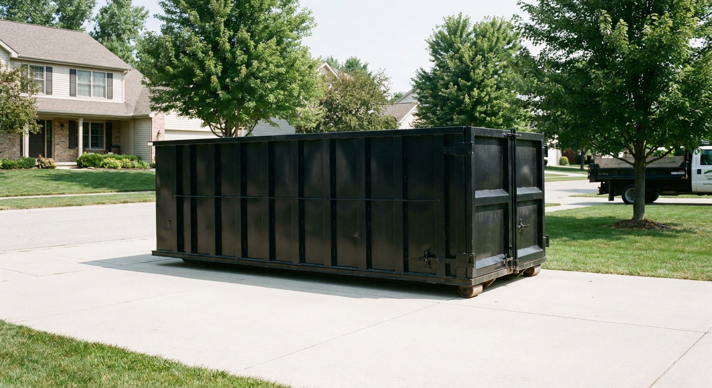 Matte-black 20-yard roll-off dumpster sitting level on a clean Vista residential concrete driveway under bright daylight, demonstrating clean placement directly on the concrete.