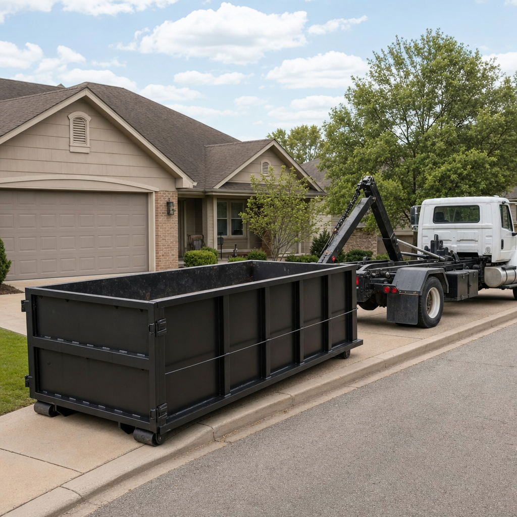 Wide documentary shot of a matte-black roll-off dumpster on a Vista residential driveway in the foreground and a contractor jobsite container in the soft-focus background, bright daylight, calm and orderly composition.