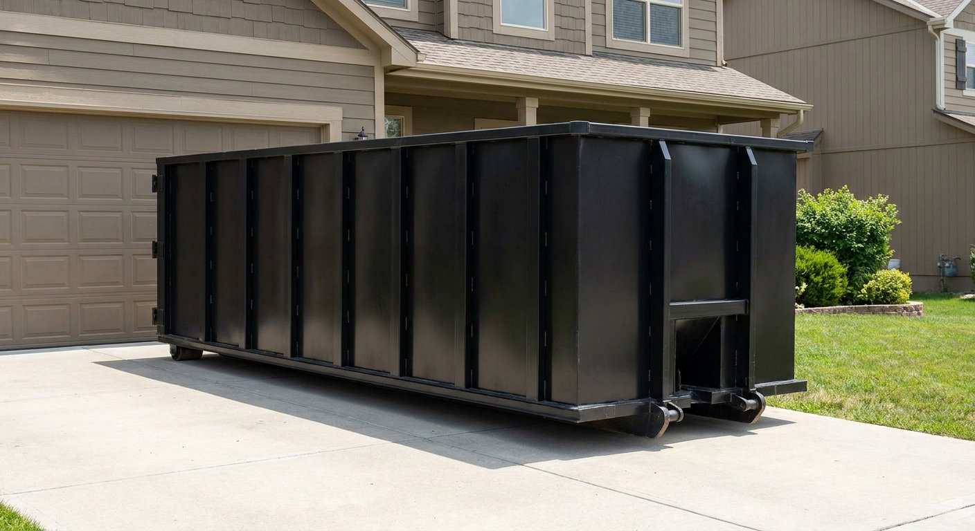 Matte-black residential roll-off dumpster sitting directly on a suburban Vista concrete driveway, garage door closed, single-family home in background, bright morning daylight.