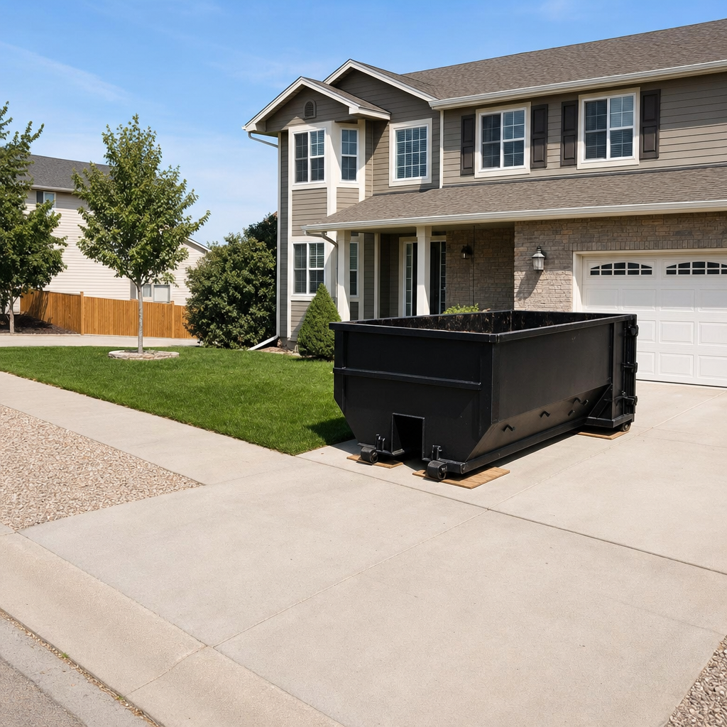 10-yard matte-black residential dumpster placed directly on a narrow Vista concrete driveway, room remains for a parked sedan beside it, mid-morning natural light