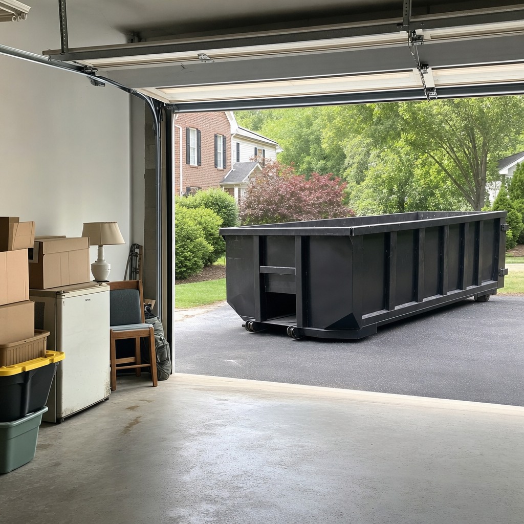 Open garage interior in a Vista home mid-cleanout — boxed items, an old appliance, and stacked yard tools queued near the driveway for a matte-black roll-off dumpster, organized and calm
