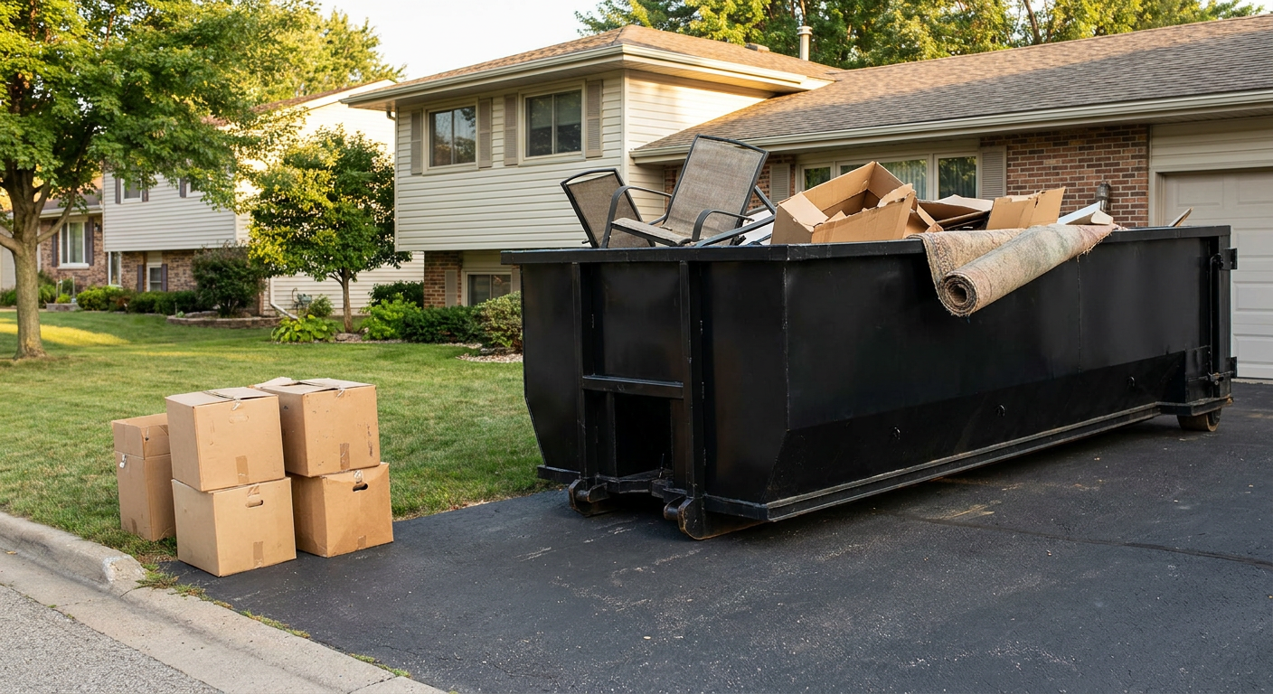 Front-yard view of a Vista split-level home with a 20-yard matte-black roll-off dumpster sitting directly on the asphalt driveway, a few clearly labeled donation boxes staged at the curb, calm sunny afternoon.