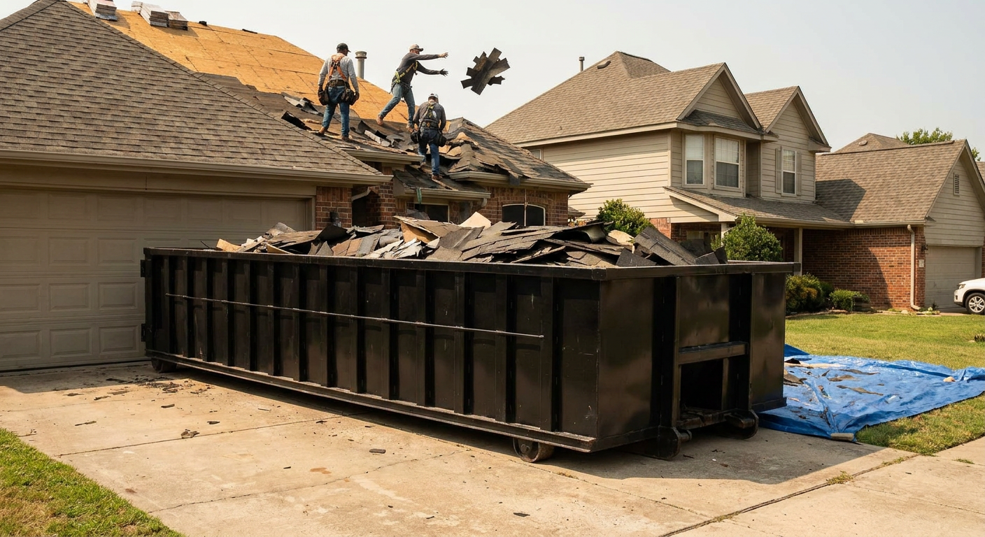 Matte-black roofing roll-off dumpster placed directly on a Vista residential concrete driveway, a tear-off crew on a two-story asphalt-shingle roof tossing shingle bundles into the low-walled container, bright daylight, documentary 35mm perspective.