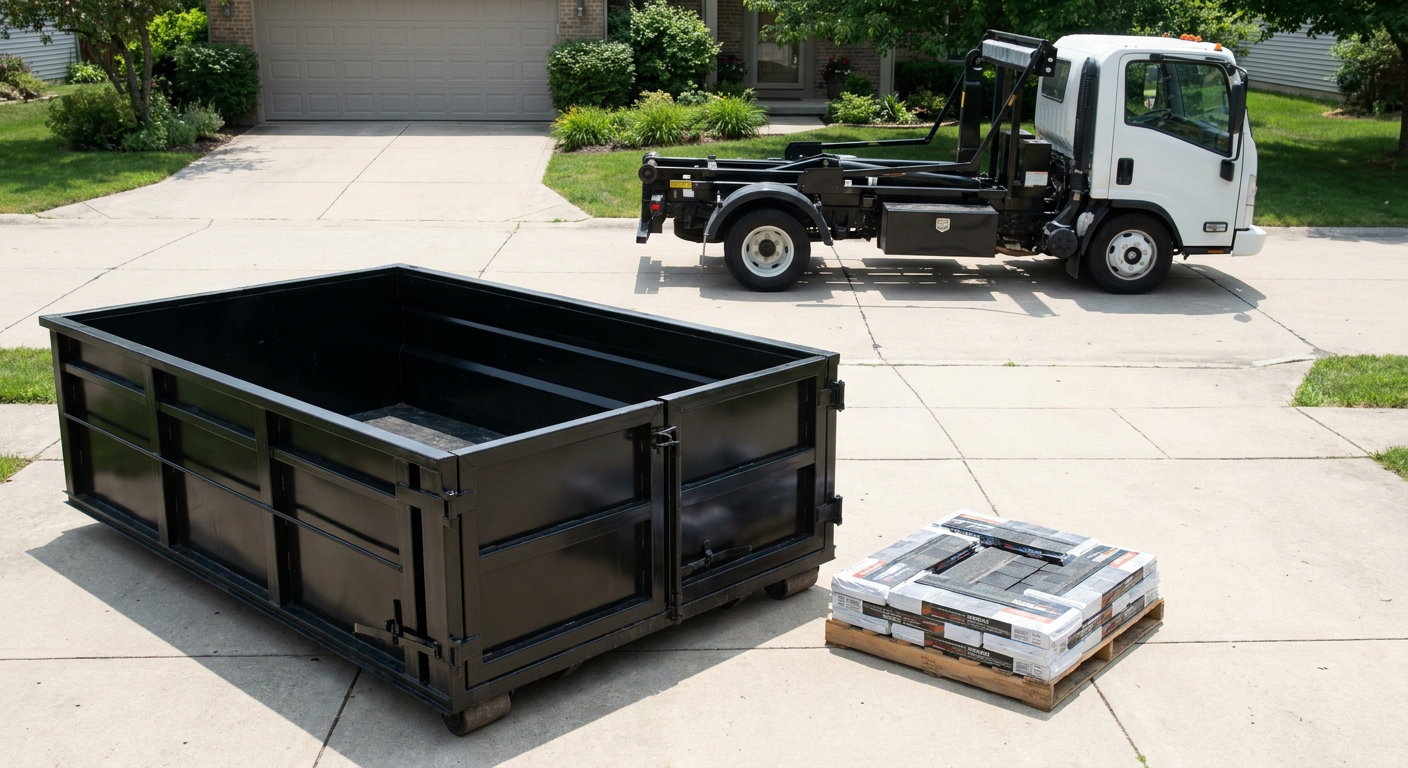 Matte-black 15-yard roofing roll-off dumpster with reinforced low side walls sitting directly on a Vista residential concrete driveway, three-tab asphalt shingle bundles stacked nearby, an unmarked white hauler truck partially visible at the edge of the frame.