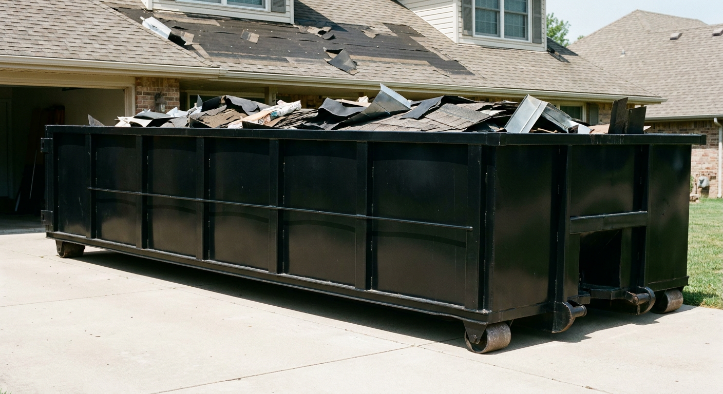 Matte-black 20-yard roofing roll-off dumpster with steel ribbed sides and swinging rear door, sitting directly on the concrete driveway of a two-story Vista home, asphalt shingle debris being loaded over the low wall, clean documentary lighting.