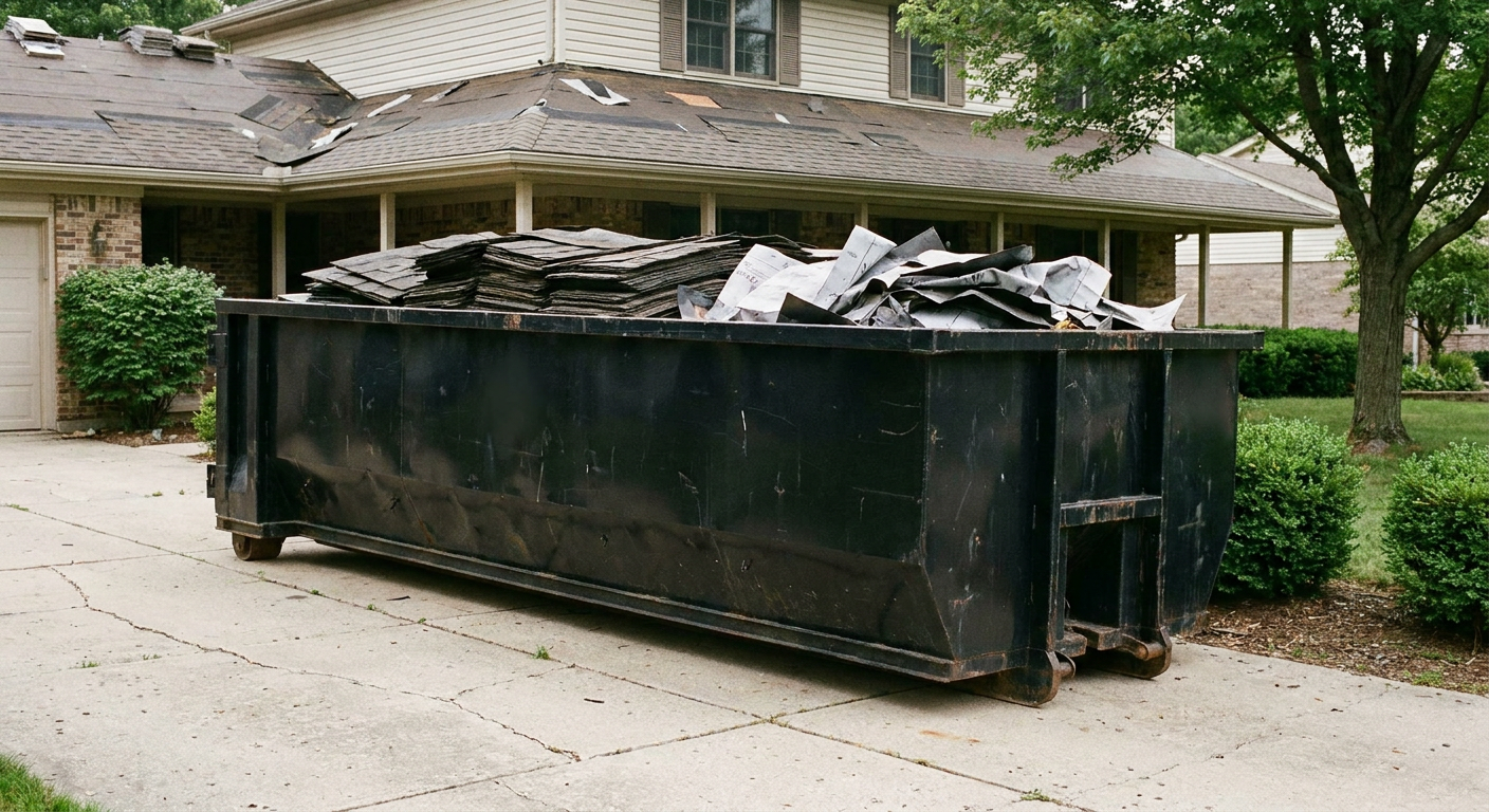 Matte-black 30-yard roofing roll-off dumpster sitting directly on a Vista concrete driveway, taller ribbed steel side panels, mixed tear-off debris of asphalt shingles and underlayment inside, professional documentary daylight.