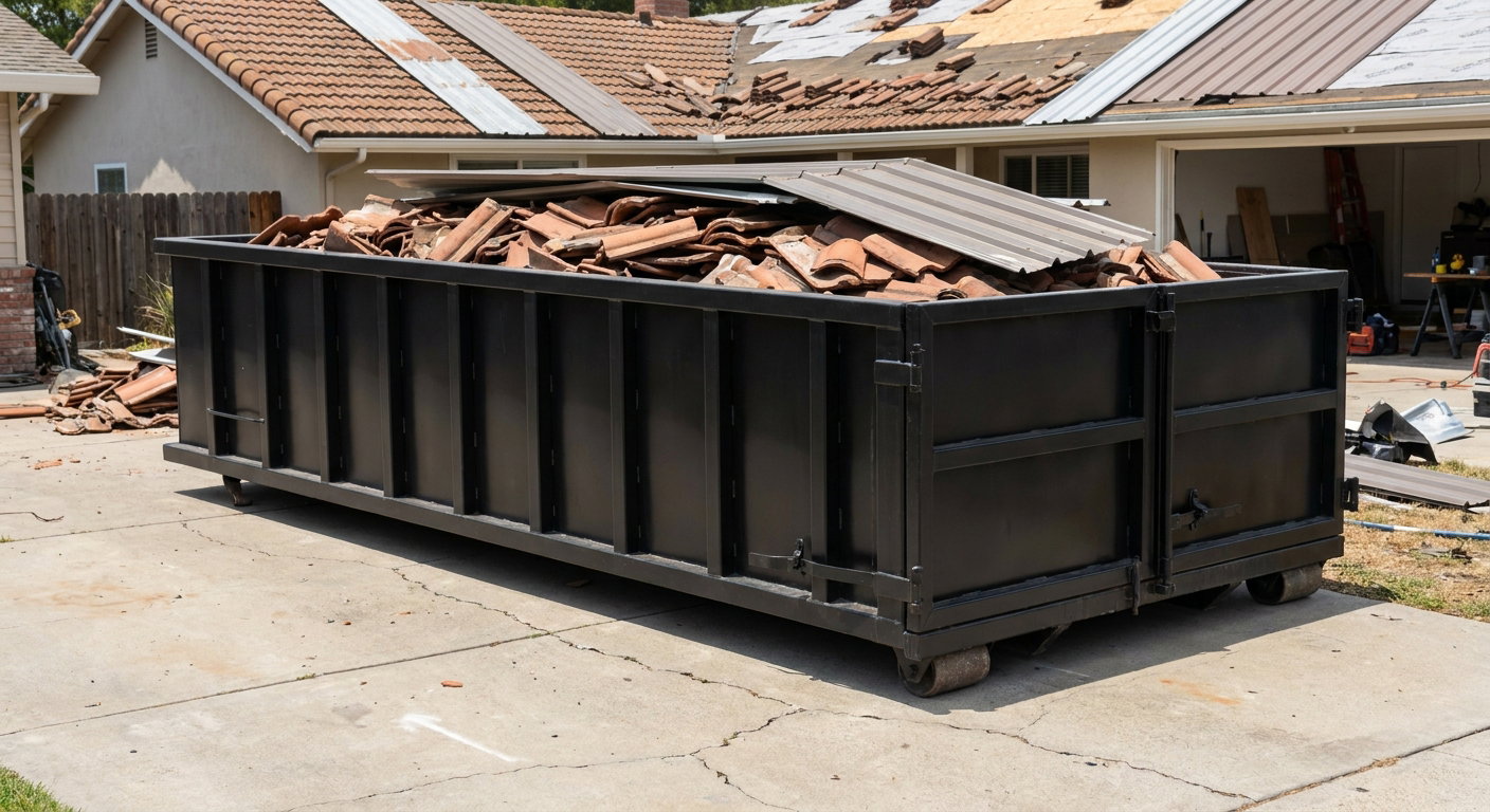 Matte-black low-wall heavy-debris roofing roll-off dumpster sitting directly on a Vista concrete driveway, broken concrete clay roof tiles and metal panel sections loaded inside, reinforced ribbed steel side walls visible, bright outdoor daylight.