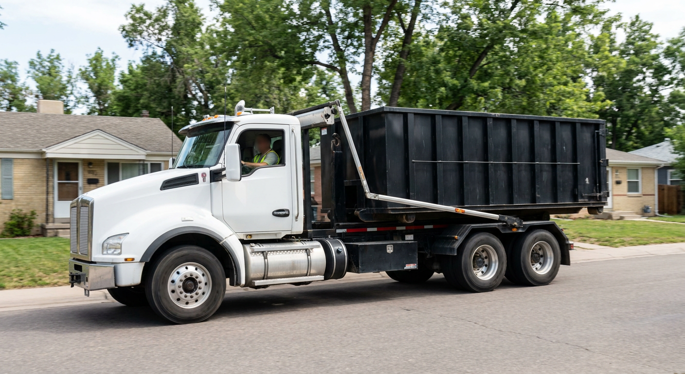 A wide documentary shot of a matte-black roll-off delivery truck pulling onto a quiet Vista residential street at mid-morning, with neighborhood rooftops and tree-lined blocks visible behind, showing the metro coverage footprint.