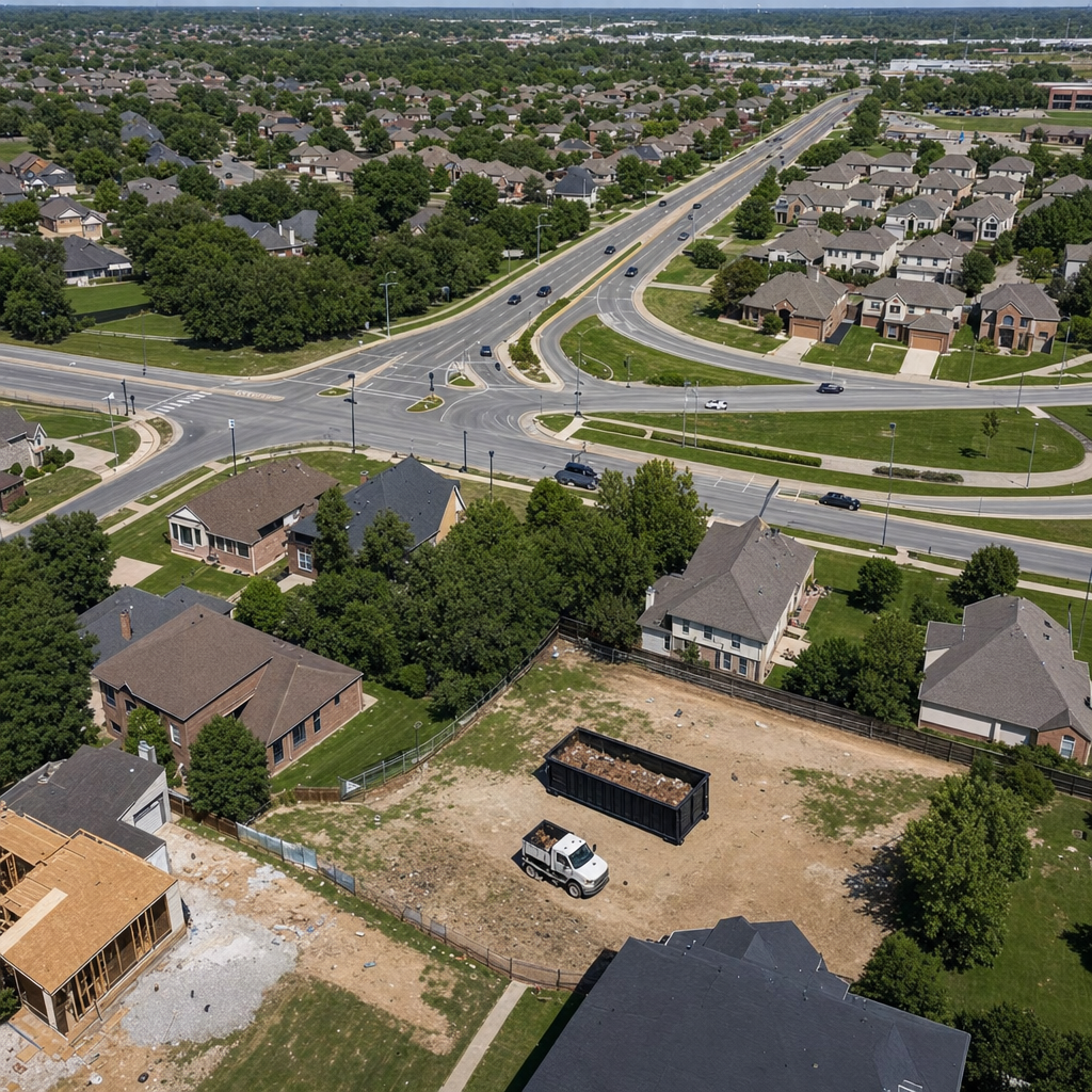 An overhead documentary view of the Vista metro area at midday, showing the spread of neighborhoods, arterial roads, and the dispatch radius from a central yard — clean daylight, organized geographic layout.