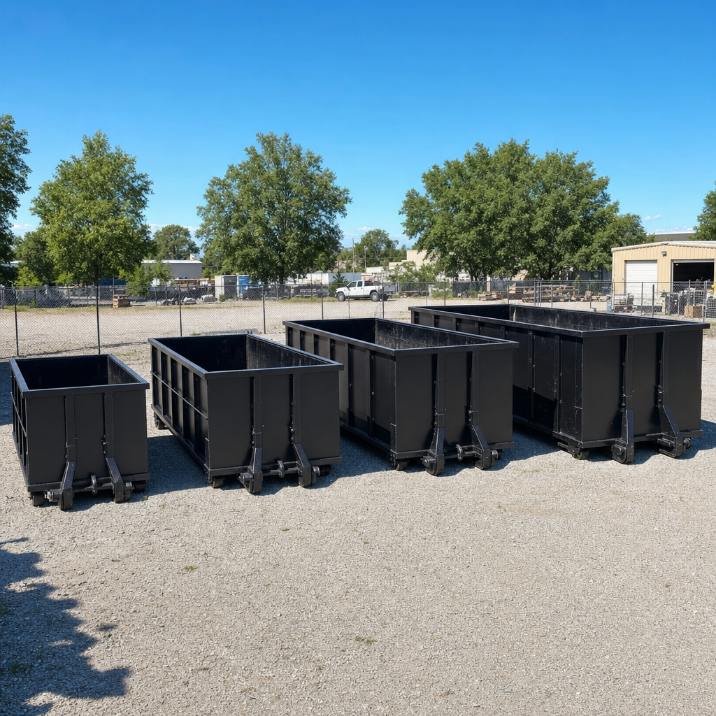 A clean lineup of matte-black roll-off dumpsters in 10, 20, 30, and 40-yard sizes staged on a sunlit gravel yard in Vista, showing the size progression from compact to commercial-scale containers.