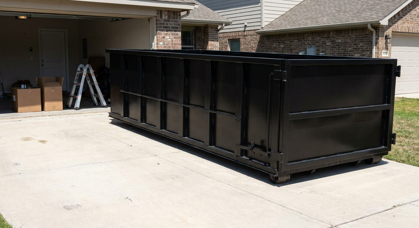 A matte-black 10-yard roll-off dumpster sitting directly on a residential Vista concrete driveway, mid-day sunlight, clean and ready for a garage cleanout.