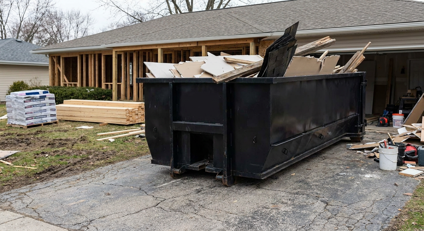 A matte-black 20-yard roll-off dumpster placed alongside a mid-renovation Vista home directly on the asphalt driveway, with framing materials and torn-off shingles staged neatly nearby.