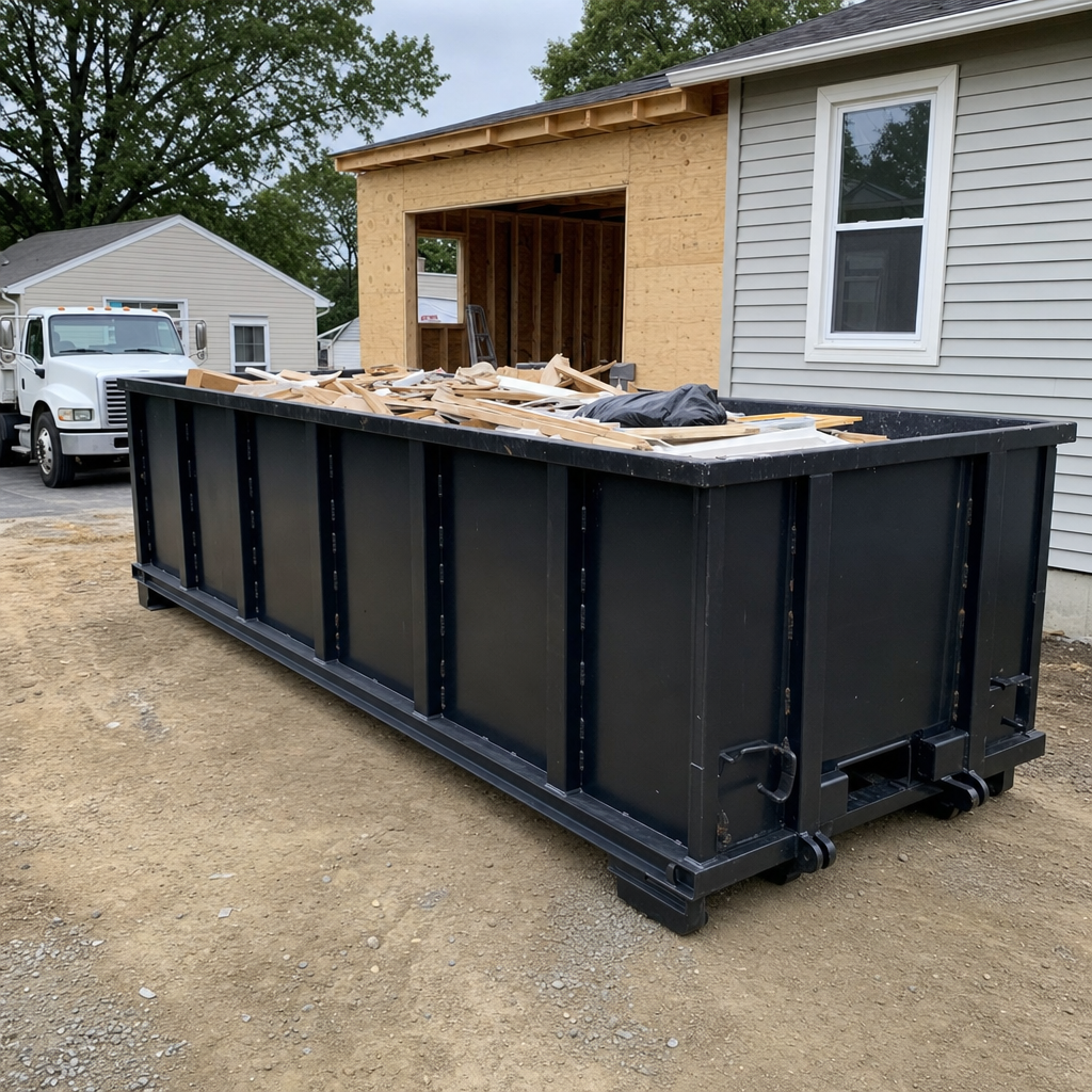 A matte-black 30-yard roll-off dumpster positioned at a Vista residential addition jobsite, with framing lumber and drywall scraps loaded through the open swinging rear doors.