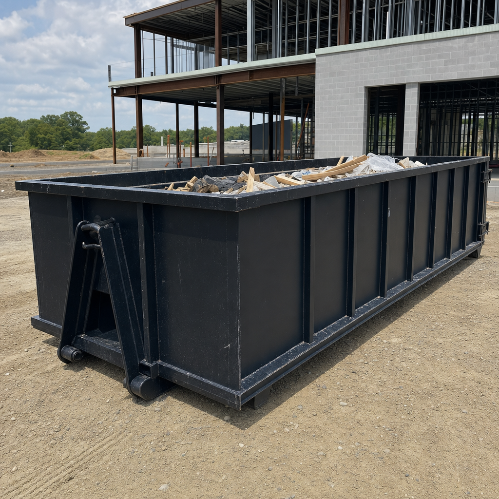 A matte-black 40-yard roll-off dumpster staged on a large Vista commercial construction lot, with a hooklift delivery truck parked alongside under bright midday sky.