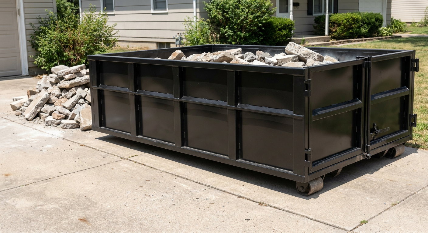 A matte-black low-side heavy-debris roll-off dumpster placed directly on a Vista concrete driveway, with broken concrete chunks neatly stacked beside it under clean daylight.